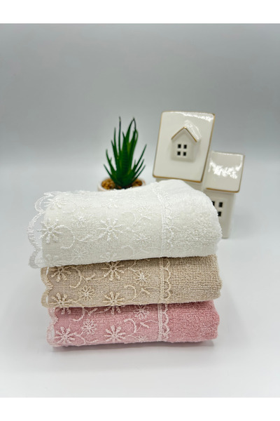 LenaToptan Cream 3-Piece Guipure Lace 30X50 cm Kitchen Towel Set (Bohçalık - Dowry - Gift)