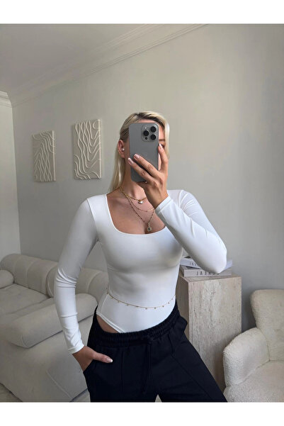 Zora Butik Kare Yaka Bodysuit - BEYAZ