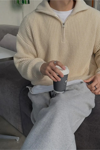 oneoff Men's Corduroy Half Zipper Collar Detailed Beige Sweater