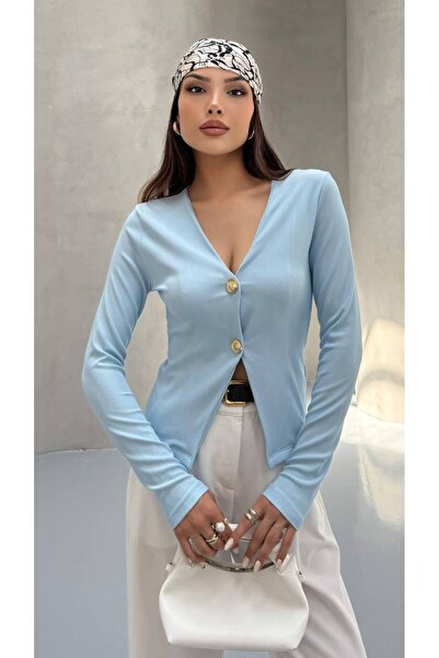 MY DEPO Women's V-Neck Buttoned Cardigan Blouse