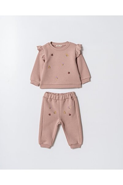 Magu Girls' Cotton Floral Embroidered Lace Detailed Sweatshirt and Sweatpants Set