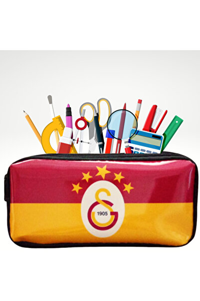 booddie Galatasaray Temalı Kalem Kutusu Kalemlik Sarı Kırmızı Resimli Fermuarlı Kumaş Kalemlik Çift Gözlü