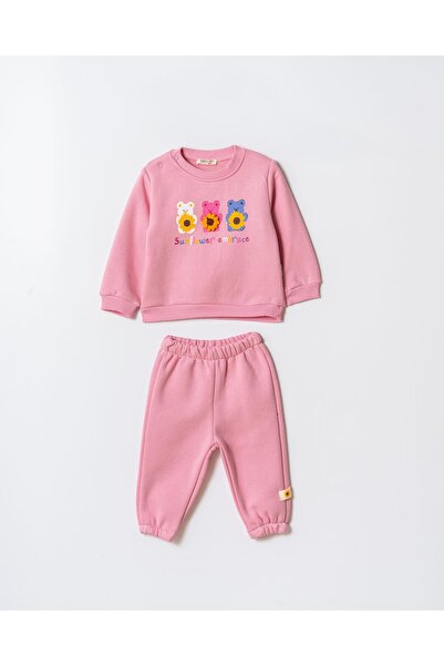Magu Girl's Cotton Pink Teddy Bear Printed Sweatshirt and Sweatpants Set