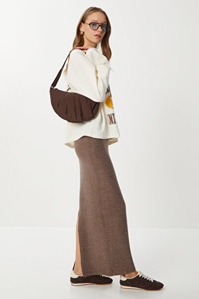 Lovelyİstanbul Soft Knitted Skirt with Slits Lub0226 Brown