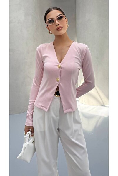 MY DEPO Women's V-Neck Buttoned Cardigan Blouse