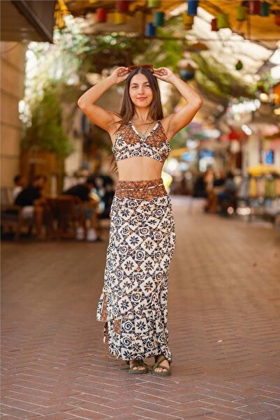 Miss Boheme Cream Color Gold Detailed Side Tie Silk Skirt Blouse Set