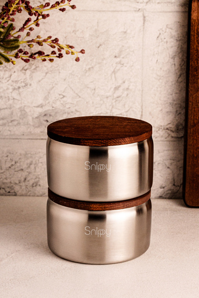 Snippy Steelora - Stainless Steel Bowl with Wooden Vacuum Lid Breakfast Snack Bowl 700 ml