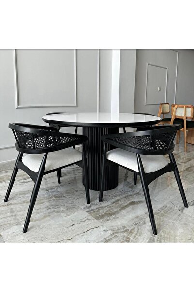 Helmod Mobilya Yuvarlak Ahşap Masa Takımı Bohem 4 Kişilik Mutfak Masa Sandaly...