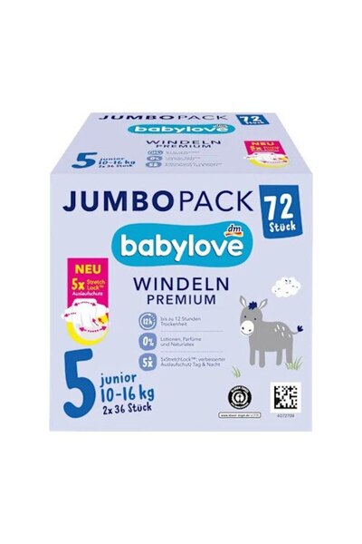 DM Premium Jumbo Diapers Number 5, 72 Pcs