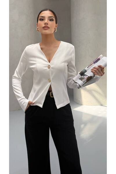 MY DEPO Women's V-Neck Buttoned Cardigan Blouse