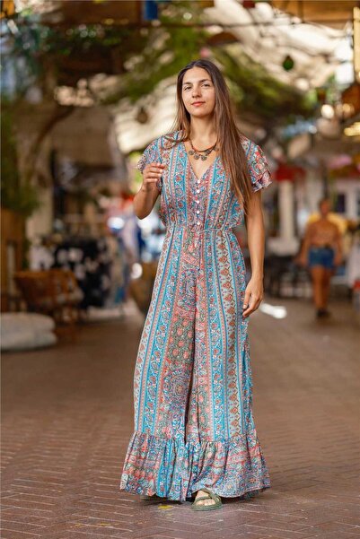 Miss Boheme Turquoise Color Button Detailed Floral Garden Silk Jumpsuit