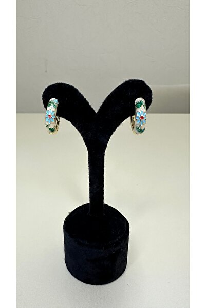 ela jewelry Renkli Mineli Çiçek Desen Halka Çelik Küpe Mavi Çiçekli