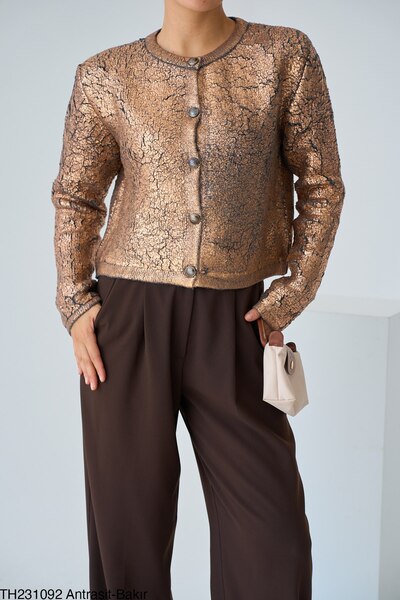 ibeeka New Season Anthracite Copper Color Foil Printed Cardigan