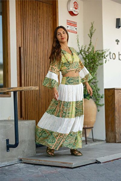 Miss Boheme Green Color Patterned and Gold Detailed Silk Skirt Blouse Set