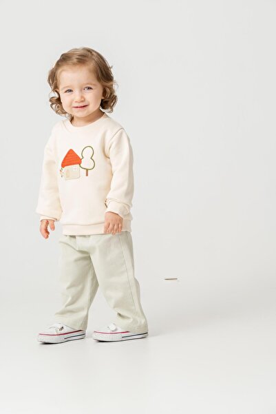 Magu Girl's Cotton Ecru Home Embroidered Sweatshirt and Pants Set