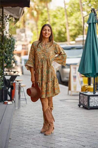 Miss Boheme Turuncu Renk Yarım Kollu Düğme Detaylı İpek Elbise