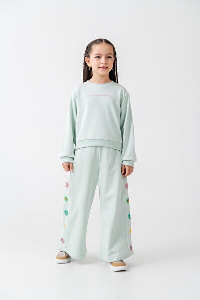 Magu Girl's Cotton Mint Green Floral Embroidered Sweatshirt and Sweatpants Set