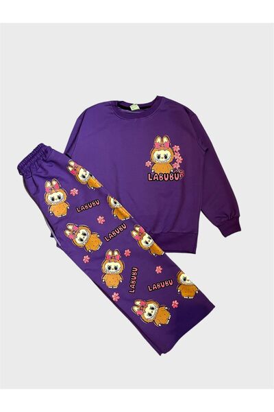 ALİŞ KİDS Κοριτσίστικο βαμβακερό σε μωβ χρώμα Labubu με μοτίβο μακρυμάνικο φαρδύ πόδι σετ αθλητικής φόρμας