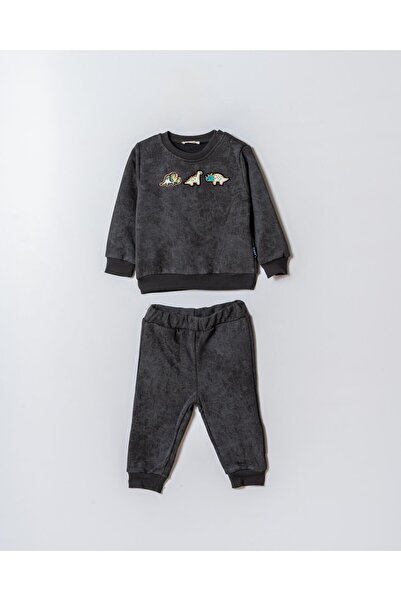 Magu Boy's Cotton Anthracite Dinosaur Embroidered Sweatshirt and Sweatpants Set