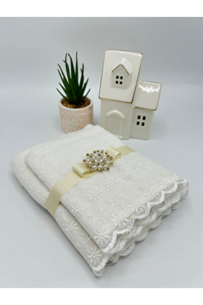 LenaToptan Cream 2-Piece Guipure Lace Towel Set 30X50 and 50X90 cm (Gift Set - Dowry Set - Present)