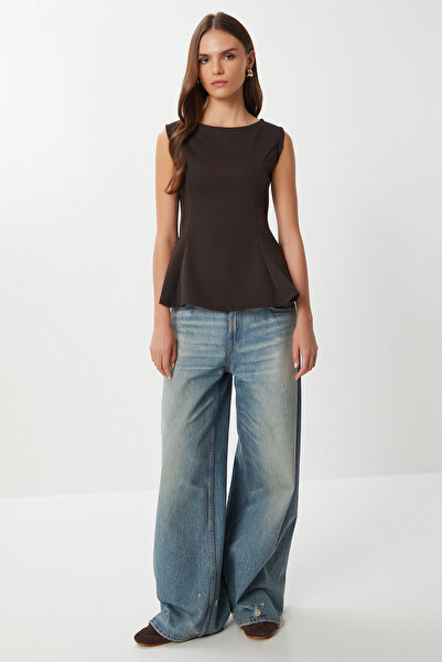 Lovelyİstanbul Sleeveless Peplum Interlock Blouse Lan0058 Brown