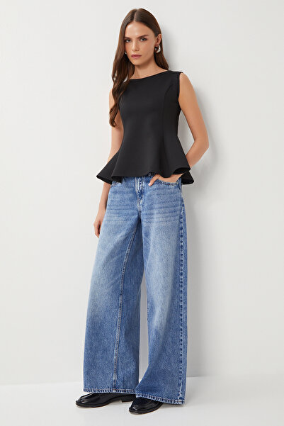 Lovelyİstanbul Sleeveless Peplum Interlock Blouse Lan0058 Black