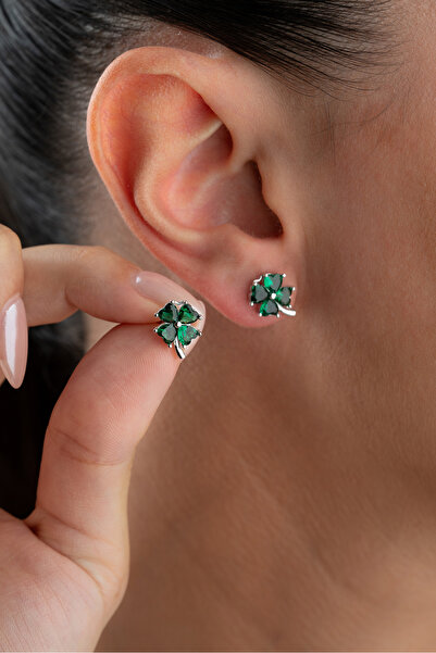 Silvano Jewelry 925 Ayar Gümüş Yeşil Taşlı Yonca Küpe