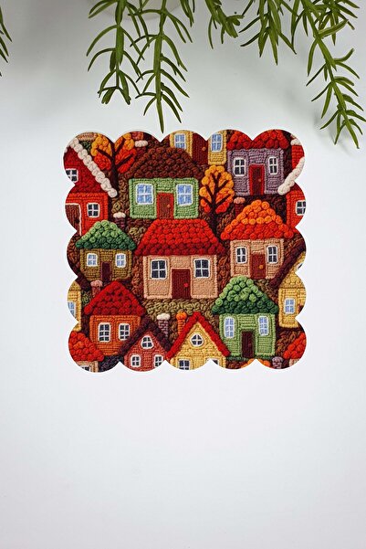 decofav 3D Nakış Efekt Sonbahar Evleri Lazer Kesim Dijital Baskılı Kokteyl Pe...