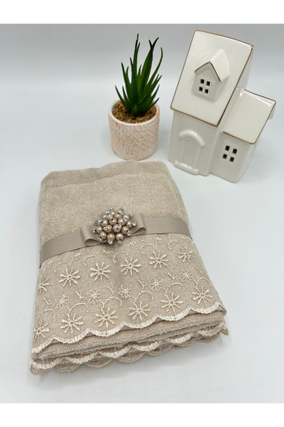 LenaToptan Mink 2-Piece Guipure Lace Towel Set 30X50 and 50X90 cm (Gift Set - Dowry - Present)