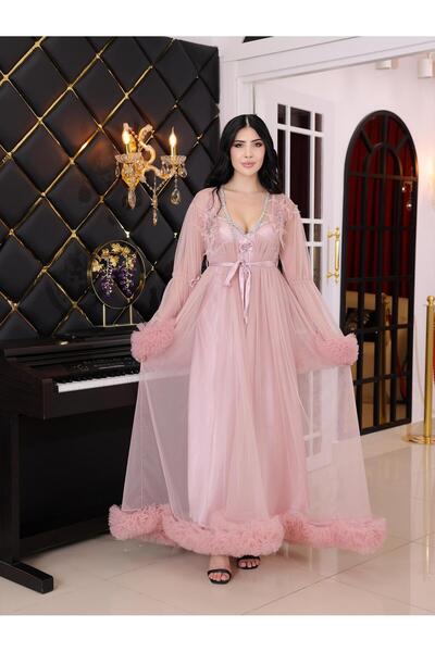 Limas lingerie روب صباحي طويل من قطعتين مع تفاصيل من الدانتيل والألماس