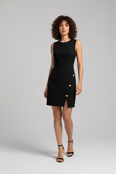 Defile Askılı Aksesuar Detaylı Yırtmaçlı Mini Elbise