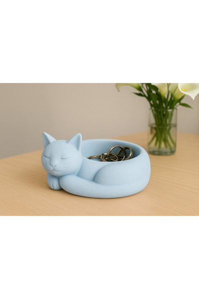 melora 14 cm Cat Stone Bowl, Cat-Shaped Jewelry Storage Bowl, Cat Bowl, Cat Organizer, Cat Decor Object Blue