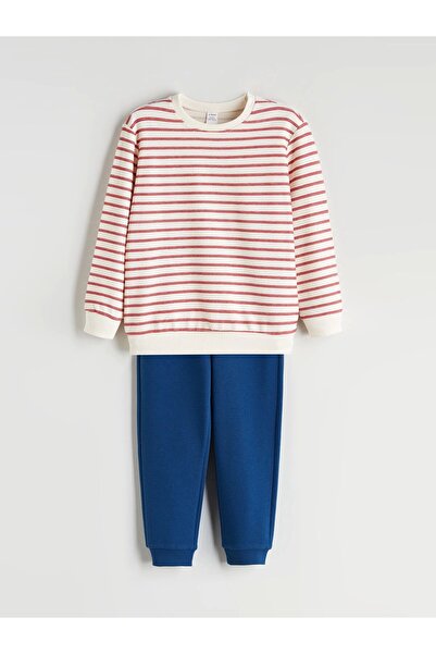 LC Waikiki LCW Παιδικό μπεζ ριγέ φούτερ και παντελόνι για αγόρια, σετ 2 τεμαχίων