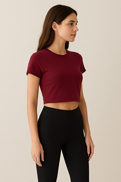 SLİM FİT BİSİKLET YAKA LİKRALI KISA KOL SÜPREM KUMAŞ CROP BORDO