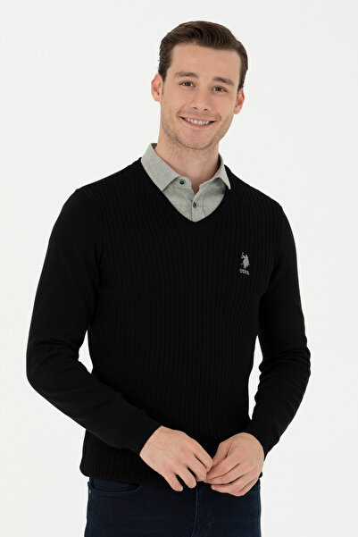 U.S. Polo Assn. Pulover cu torsade cu decolteu in V