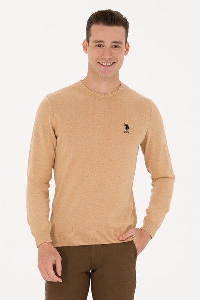 U.S. Polo Assn. Pulover Barbat Camel Cu Textura Fina Si Guler Rotund