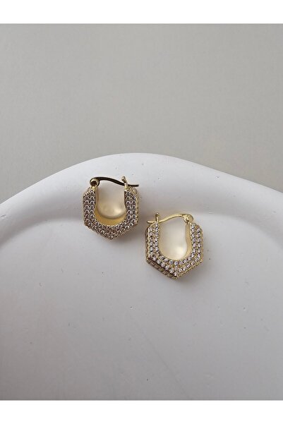 Zivazer Store Kadın çelik kararmaz taşlı 14k gold renginde halka küpe