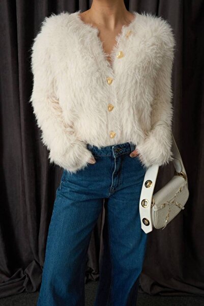 Vaveyla Γυναικεία πλεκτή ζακέτα με κουμπιά σε κρεμ χρώμα