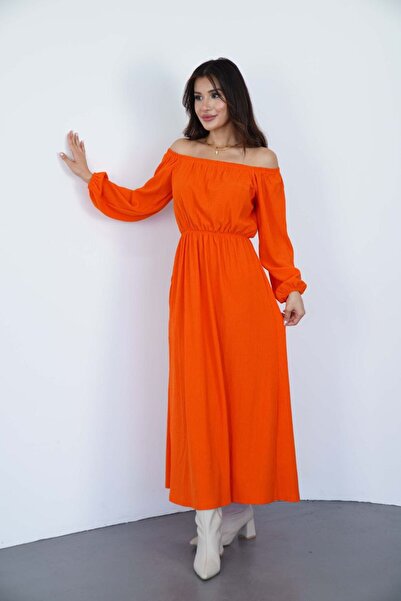 Giyimsel فستان نسائي من قماش بوروميك بياقة قارب وحزام مطاطي عند الخصر