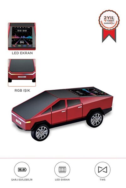 Torima Bluetooth Hoparlör Retro Araba CyberTruck Tasarımlı Rgb Işıklı TWS USB 15W Speaker D70 Kırmızı