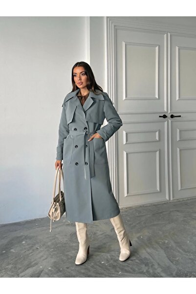 chwain Uzun Pamuklu Trençkot - Kuşaklı ve Aller Detaylı