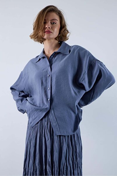 Sibel Günay Butik Γυναικείο πουκάμισο Indigo Blue O oversized |   Λεπτομέρεια...
