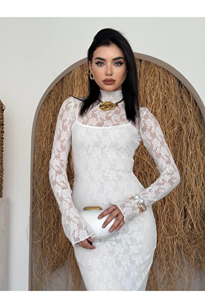 Julidress Rochie lungă maxi din dantelă premium, căptușită cu guler înalt alb