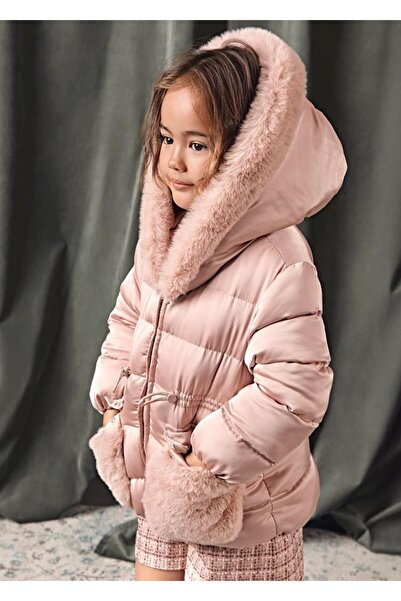 MAYORAL Abel&Lula Palton scurt pentru fetiță, cu glugă din blană, roz