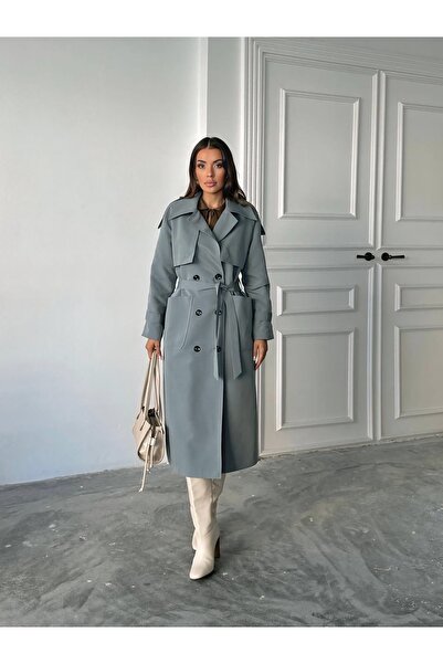 chwain Uzun Pamuklu Trençkot - Kuşaklı ve Aller Detaylı