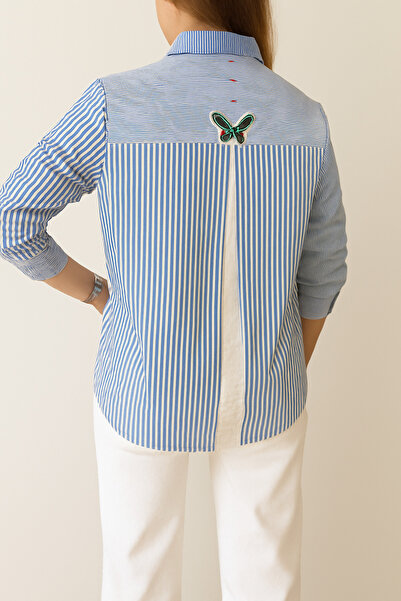 Sibel Günay Butik Kadın Mavi Çizgili Gömlek | Arka Kelebek ve Cep Detaylı
