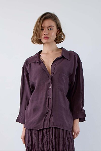 Sibel Günay Butik Γυναικείο πουκάμισο Plum oversized |   Λεπτομέρεια τσέπης μ...