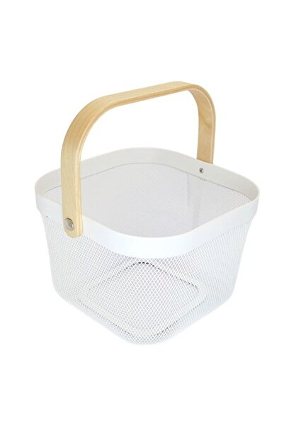 FRANDIS Coș metalic cu mâner din lemn, 25x25x17 cm, alb/bej