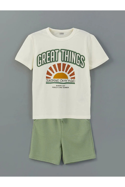 LC Waikiki Ecru Crew Neck Boys T-Shirt and Shorts