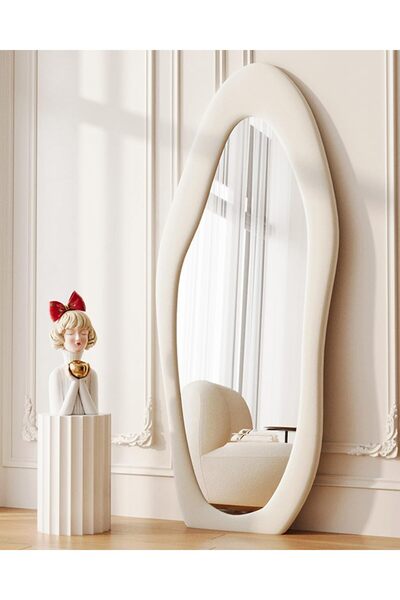 Crestj Full Length Floor Mirror, Wall Mirror with Stand and Soft Velvet Frame, Beige 160x60cm